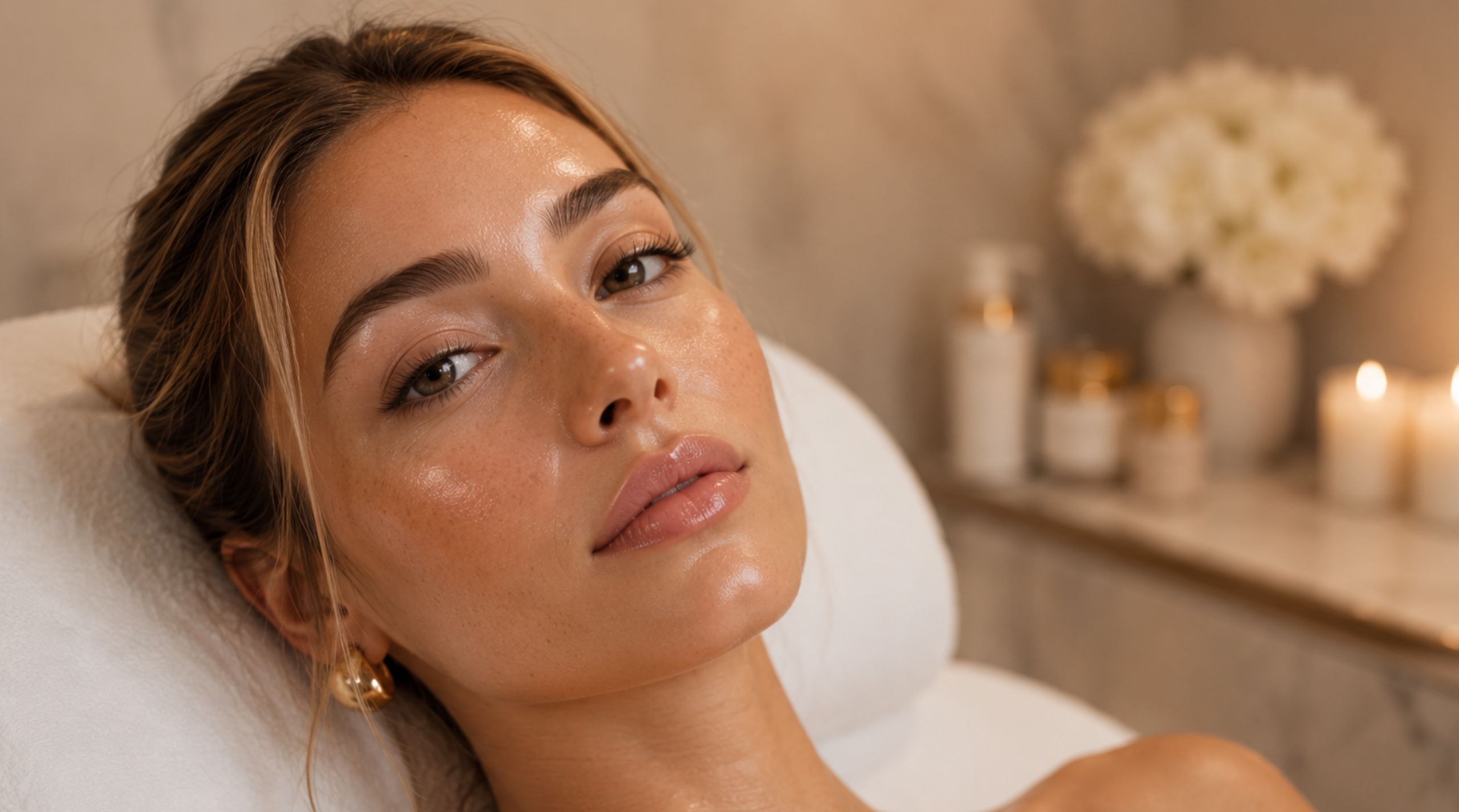 Woman relaxing with glowing skin at Luxura Aesthetic Medical Spa